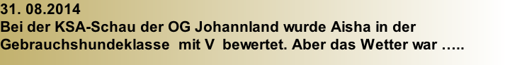 31. 08.2014 Bei der KSA-Schau der OG Johannland wurde Aisha in der Gebrauchshundeklasse  mit V  bewertet. Aber das Wetter war …..